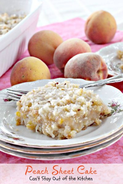 Peach Sheet Cake | Can't Stay Out of the Kitchen | rich, moist #cake filled with fresh #peaches, and topped with a gooey brown sugar icing with #pecans and #coconut. #dessert