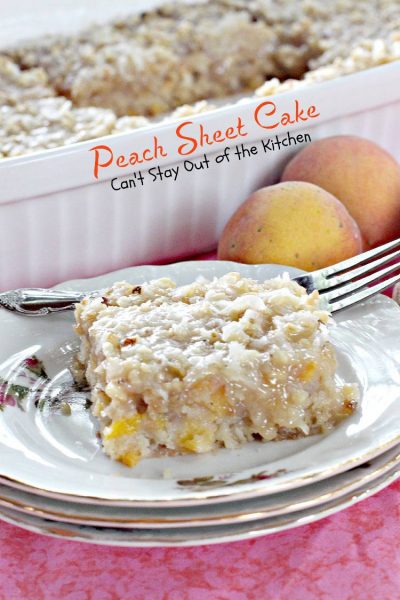 Peach Sheet Cake | Can't Stay Out of the Kitchen | rich, moist #cake filled with fresh #peaches, and topped with a gooey brown sugar icing with #pecans and #coconut. #dessert