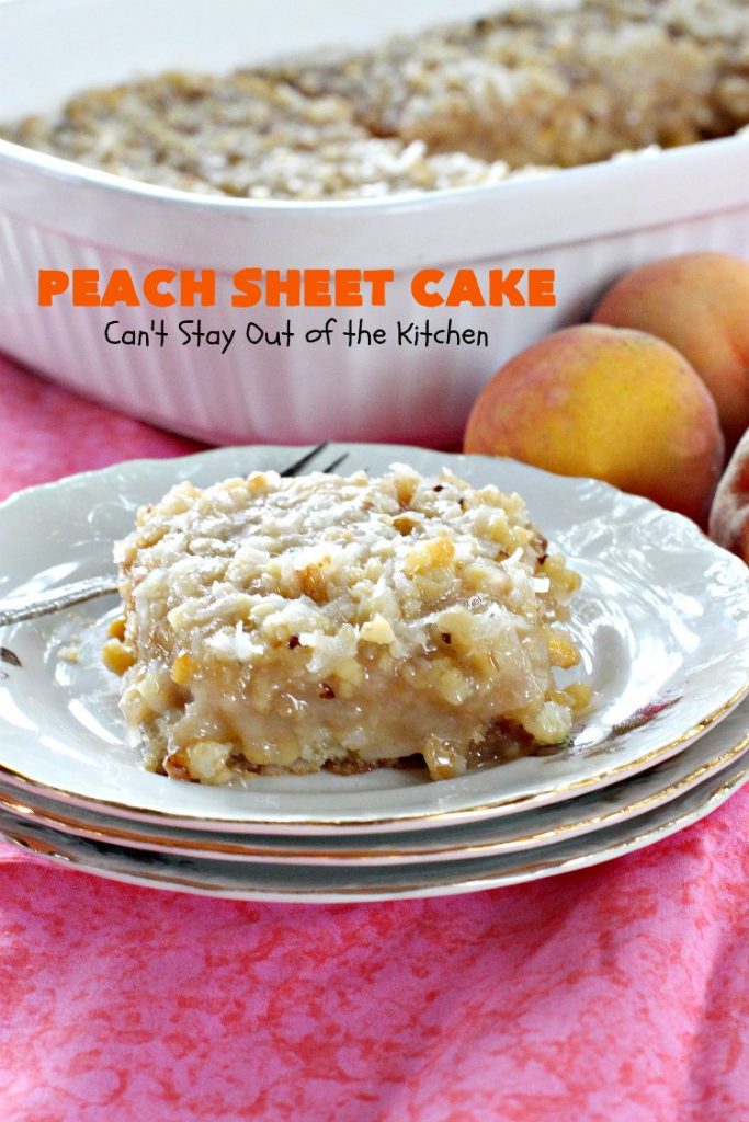 Peach Sheet Cake | Can't Stay Out of the Kitchen | this is such a decadent and delicious cake. It's made with fresh #peaches & has a #coconut #walnut frosting. Great #dessert for summer or #LaborDay parties.
