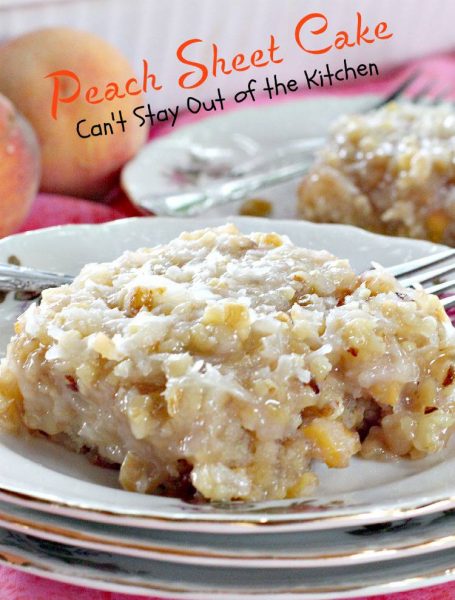 Peach Sheet Cake | Can't Stay Out of the Kitchen | rich, moist #cake filled with fresh #peaches, and topped with a gooey brown sugar icing with #pecans and #coconut. #dessert