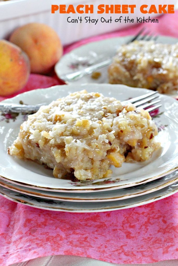 Peach Sheet Cake | Can't Stay Out of the Kitchen | this is such a decadent and delicious cake. It's made with fresh #peaches & has a #coconut #walnut frosting. Great #dessert for summer or #LaborDay parties.