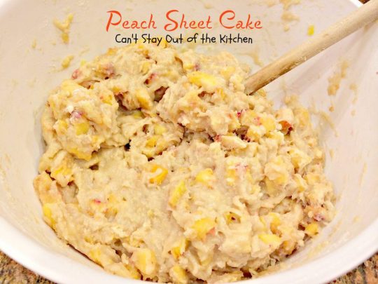 Peach Sheet Cake | Can't Stay Out of the Kitchen | rich, moist #cake filled with fresh #peaches, and topped with a gooey brown sugar icing with #pecans and #coconut. #dessert