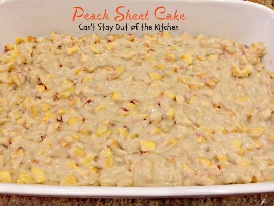 Peach Sheet Cake | Can't Stay Out of the Kitchen | rich, moist #cake filled with fresh #peaches, and topped with a gooey brown sugar icing with #pecans and #coconut. #dessert