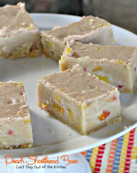 Peach Shortbread Bars | Can't Stay Out of the Kitchen | lovely #shortbread texture with #peaches #lemon and #cinnamon. The icing makes these #blondies sensational. #dessert #cookie