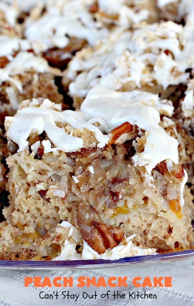 Peach Snack Cake | Can't Stay Out of the Kitchen | this has always been one of our favorite #cake recipes. It's great as a #coffeecake for #breakfast or serve for #dessert. #Peaches