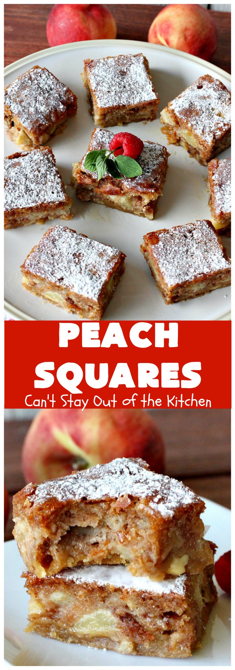 Peach Squares | Can't Stay Out of the Kitchen | this awesome #recipe can't be beat! If you enjoy #peaches, you'll love them in this amazing #dessert. #cookies #PeachDessert #PeachSquares #walnuts
