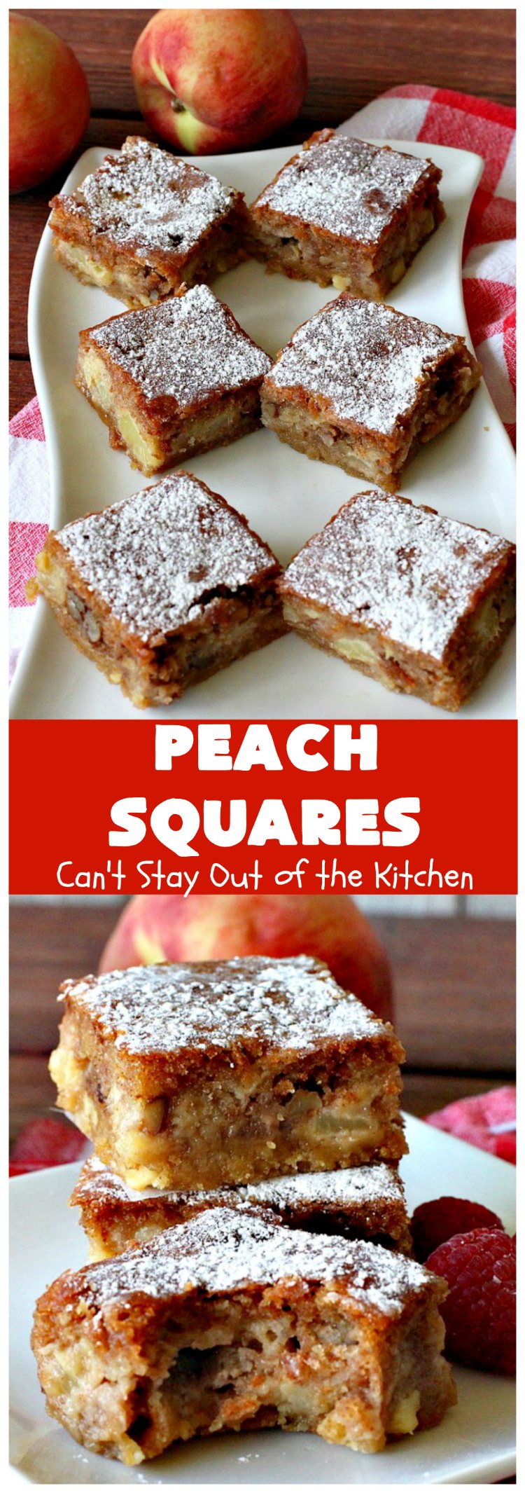 Peach Squares | Can't Stay Out of the Kitchen | this awesome #recipe can't be beat! If you enjoy #peaches, you'll love them in this amazing #dessert. #cookies #PeachDessert #PeachSquares #walnuts
