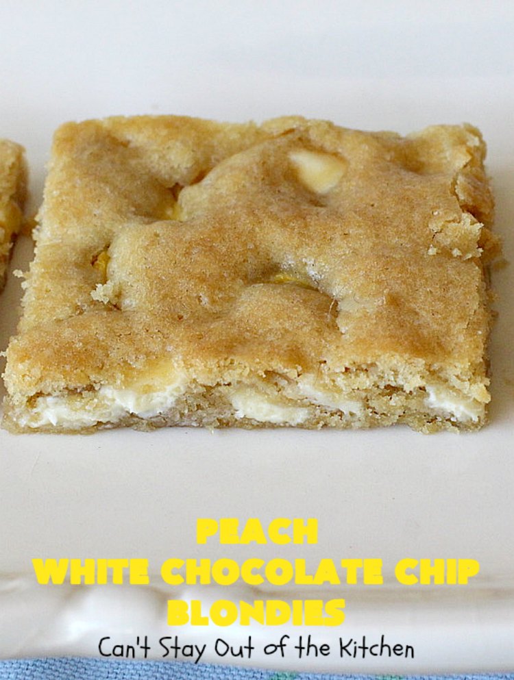 Peach White Chocolate Chip Blondies | Can't Stay Out of the Kitchen | you'll be drooling after the first bite of these amazing #cookies. They'e filled with fresh #peaches & white #chocolate chips for heavenly flavor. #dessert #peachdessert #CANbassador #WashingtonStateFruitCommission #WashingtonStateStoneFruitGrowers