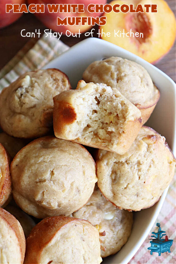 Peach White Chocolate Muffins | Can't Stay Out of the Kitchen | these delectable #muffins are "knock-your-socks-off" good! Every bite is filled with fresh #peaches, #WhiteChocolateChips, #bananas, #applesauce, #cinnamon & #nutmeg. #Chocolate & #FreshPeaches go so well together. Excellent option for #breakfast or #brunch #menus. #holiday #HolidayBreakfast #PeachWhiteChocolateMuffins