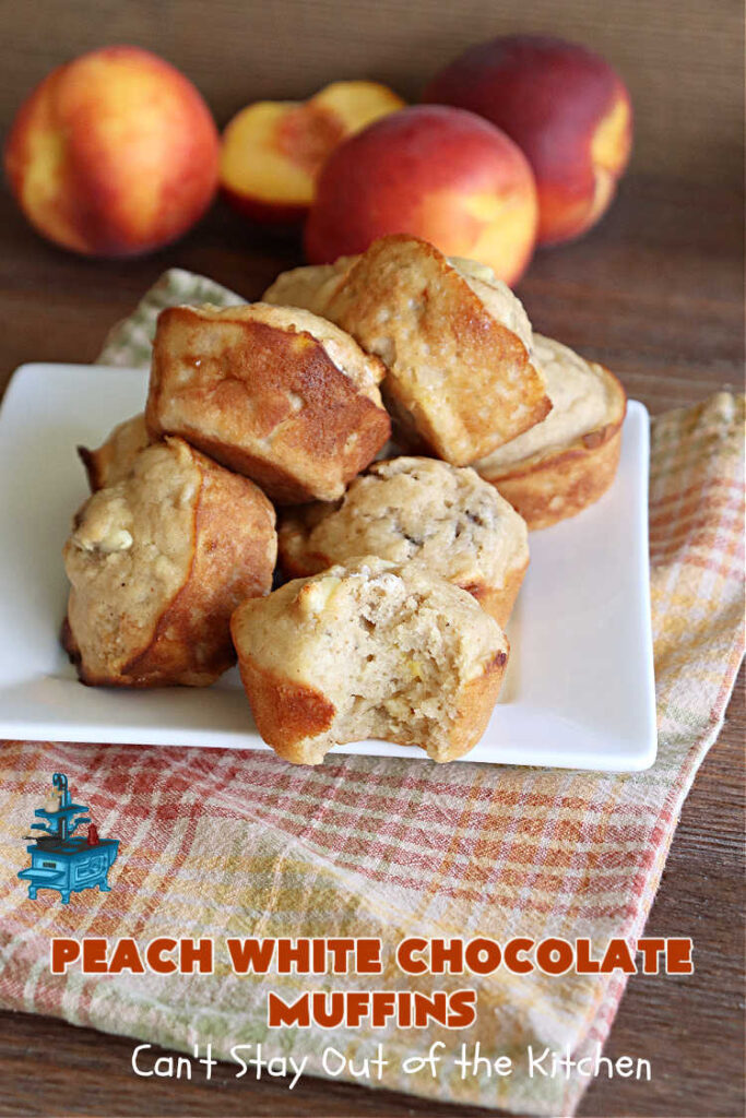 Peach White Chocolate Muffins | Can't Stay Out of the Kitchen | these delectable #muffins are "knock-your-socks-off" good! Every bite is filled with fresh #peaches, #WhiteChocolateChips, #bananas, #applesauce, #cinnamon & #nutmeg. #Chocolate & #FreshPeaches go so well together. Excellent option for #breakfast or #brunch #menus. #holiday #HolidayBreakfast #PeachWhiteChocolateMuffins