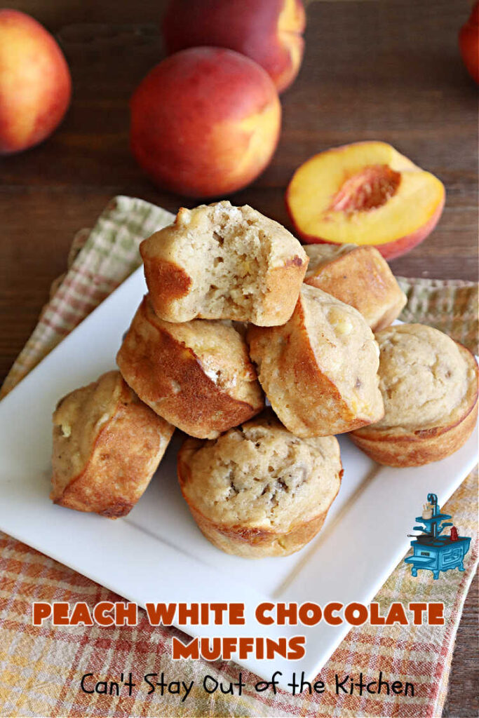 Peach White Chocolate Muffins | Can't Stay Out of the Kitchen | these delectable #muffins are "knock-your-socks-off" good! Every bite is filled with fresh #peaches, #WhiteChocolateChips, #bananas, #applesauce, #cinnamon & #nutmeg. #Chocolate & #FreshPeaches go so well together. Excellent option for #breakfast or #brunch #menus. #holiday #HolidayBreakfast #PeachWhiteChocolateMuffins