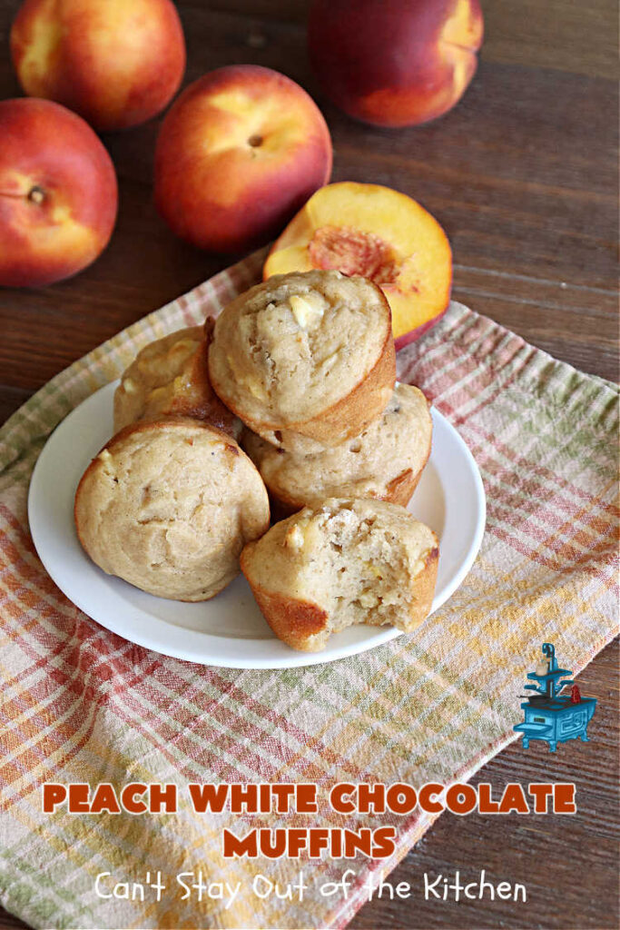 Peach White Chocolate Muffins | Can't Stay Out of the Kitchen | these delectable #muffins are "knock-your-socks-off" good! Every bite is filled with fresh #peaches, #WhiteChocolateChips, #bananas, #applesauce, #cinnamon & #nutmeg. #Chocolate & #FreshPeaches go so well together. Excellent option for #breakfast or #brunch #menus. #holiday #HolidayBreakfast #PeachWhiteChocolateMuffins