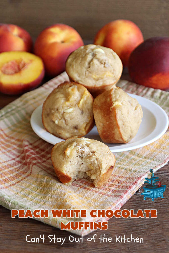 Peach White Chocolate Muffins | Can't Stay Out of the Kitchen | these delectable #muffins are "knock-your-socks-off" good! Every bite is filled with fresh #peaches, #WhiteChocolateChips, #bananas, #applesauce, #cinnamon & #nutmeg. #Chocolate & #FreshPeaches go so well together. Excellent option for #breakfast or #brunch #menus. #holiday #HolidayBreakfast #PeachWhiteChocolateMuffins
