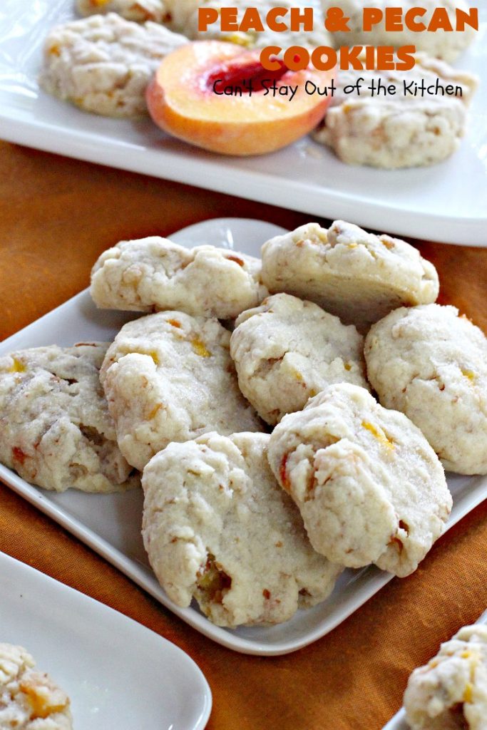 Peach and Pecan Cookies | Can't Stay Out of the Kitchen | this easy 6-ingredient #recipe is wonderful for summer #holiday fun, backyard barbecues or potlucks. These #cookies are totally scrumptious & a terrific way to use fresh #peaches when in season. #dessert #pecans #peachdessert