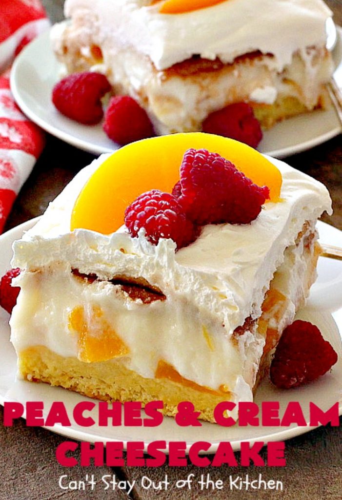 Peaches and Cream Cheesecake | Can't Stay Out of the Kitchen | this spectacular #dessert is perfect for special occasions, #holidays like #Easter & #MothersDay, & whenever you want to impress your company! #peaches #cheesecake