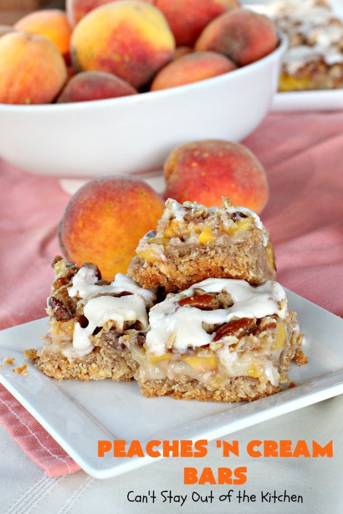 Peaches 'n Cream Bars | Can't Stay Out of the Kitchen | these fabulous #cookies have an #oatmeal #streusel crust, a #peach filling & they're glazed with vanilla icing. This is a terrific #dessert for summer #holidays like #FourthofJuly & #LaborDay when #peaches are in season. We loved them.