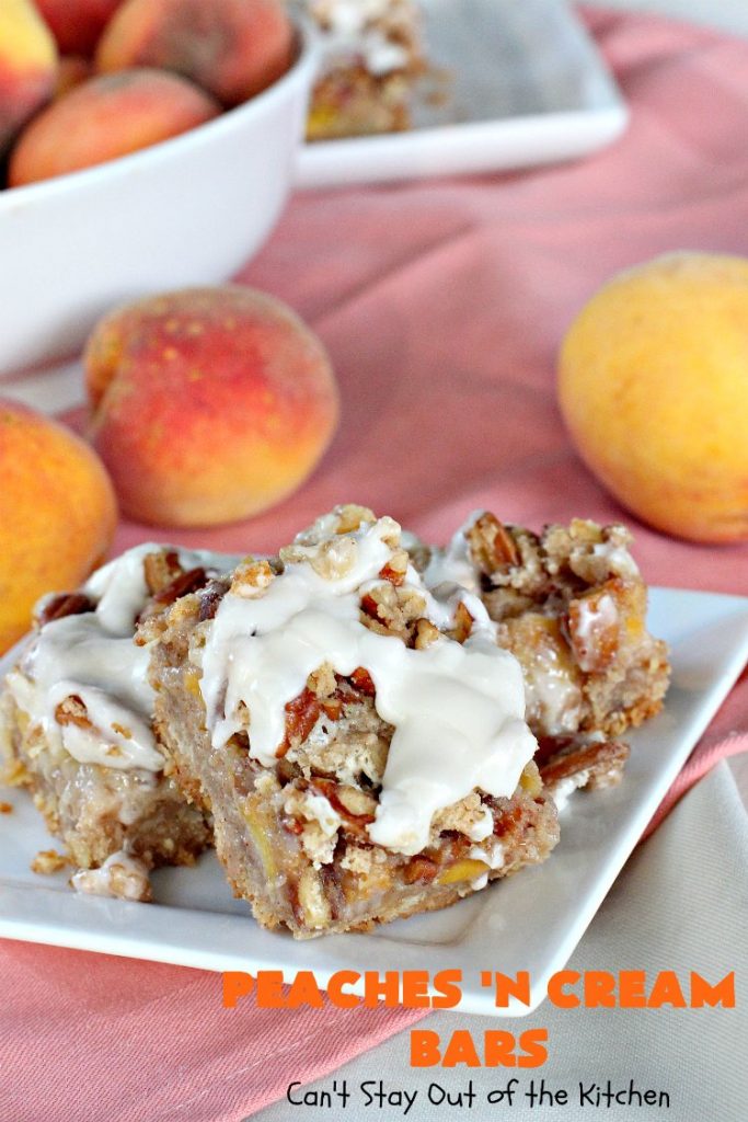 Peaches 'n Cream Bars | Can't Stay Out of the Kitchen | these fabulous #cookies have an #oatmeal #streusel crust, a #peach filling & they're glazed with vanilla icing. This is a terrific #dessert for summer #holidays like #FourthofJuly & #LaborDay when #peaches are in season. We loved them.