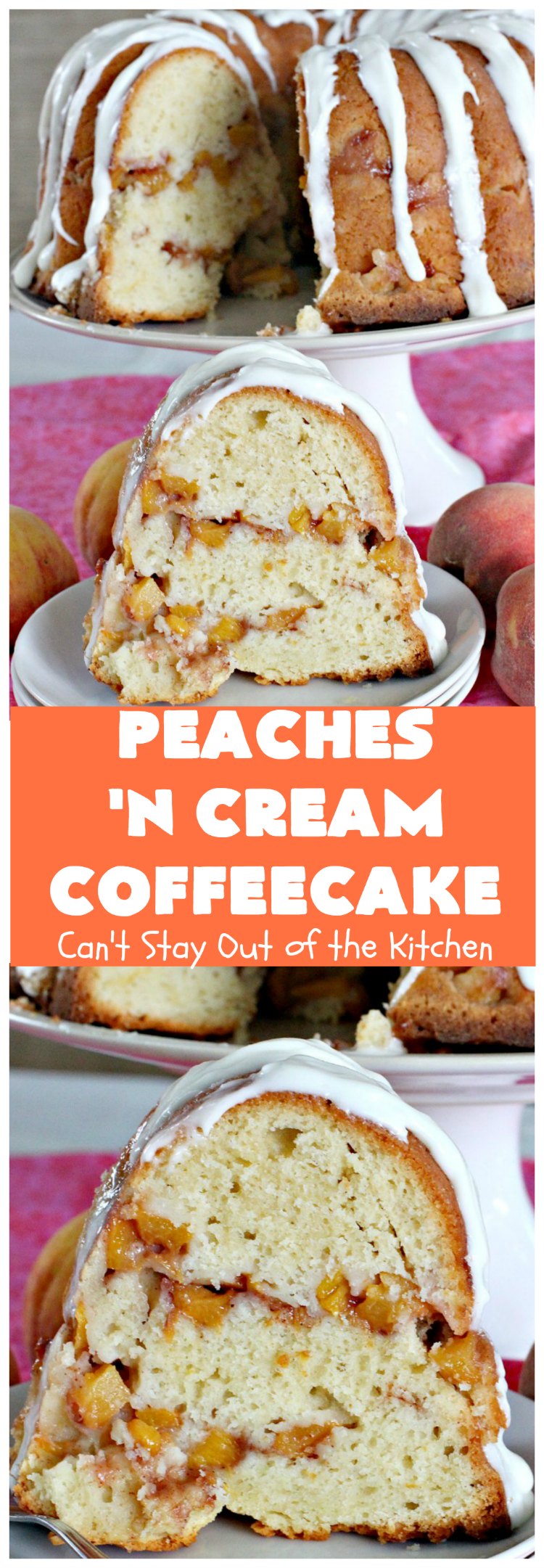 Peaches 'n Cream Coffeecake | Can't Stay Out of the Kitchen | this awesome #peach #coffeecake is one of our favorites. While it's a terrific #cake for #dessert, we like it for #breakfast! Perfect for summer #holidays like #FourthofJuly or #LaborDay.