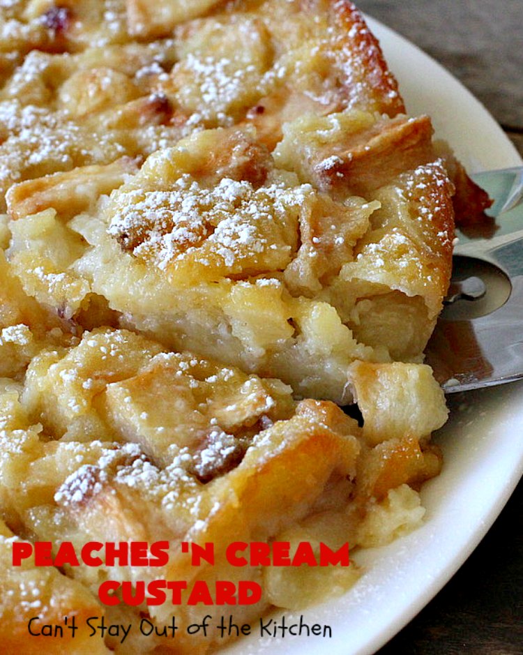 Peaches 'n Cream Custard | Can't Stay Out of the Kitchen | this light, fluffy, fruity pudding-type #dessert is terrific when you want something sweet, but not overly rich or calorie-laden. This one uses lots of fresh #WhiteFleshPeaches. #custard #cake #peaches #peachdessert #CANbassador #WashingtonStateFruitCommission #WashingtonStateStoneFruitGrowers
