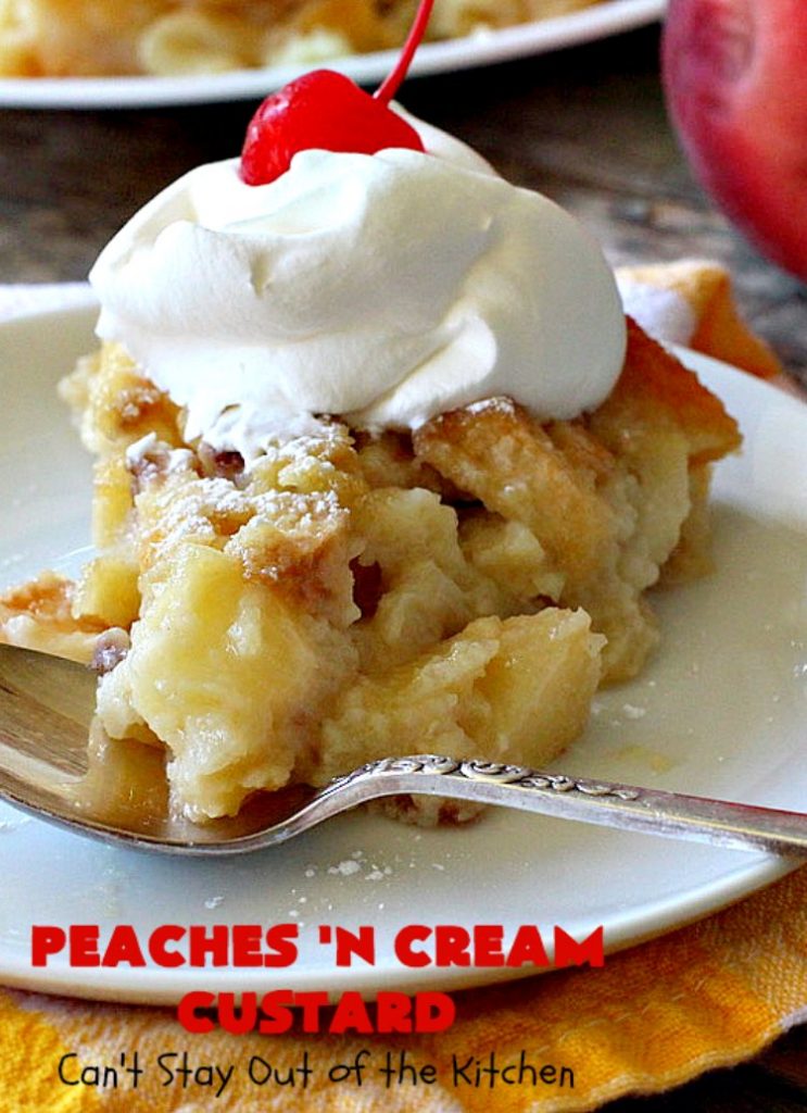 Peaches 'n Cream Custard | Can't Stay Out of the Kitchen | this light, fluffy, fruity pudding-type #dessert is terrific when you want something sweet, but not overly rich or calorie-laden. This one uses lots of fresh #WhiteFleshPeaches. #custard #cake #peaches #peachdessert #CANbassador #WashingtonStateFruitCommission #WashingtonStateStoneFruitGrowers