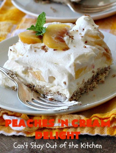 Peaches 'n Cream Delight| Can't Stay Out of the Kitchen | this lovely #cheesecake #dessert is absolutely heavenly. It has has a scrumptious layer of fresh #peaches in the middle that pops with flavor. Terrific for #company or #holiday menus. #peachdessert #CANbassador #WashingtonStateFruitCommission #WashingtonStateStoneFruitGrowers