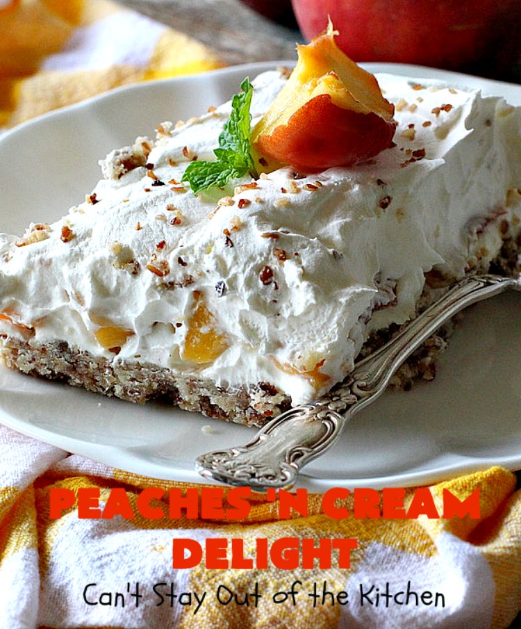Peaches 'n Cream Delight| Can't Stay Out of the Kitchen | this lovely #cheesecake #dessert is absolutely heavenly. It has has a scrumptious layer of fresh #peaches in the middle that pops with flavor. Terrific for #company or #holiday menus. #peachdessert #CANbassador #WashingtonStateFruitCommission #WashingtonStateStoneFruitGrowers