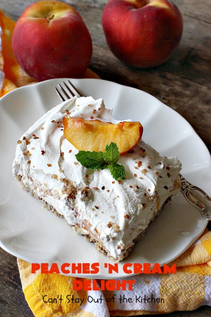 Peaches 'n Cream Delight| Can't Stay Out of the Kitchen | this lovely #cheesecake #dessert is absolutely heavenly. It has has a scrumptious layer of fresh #peaches in the middle that pops with flavor. Terrific for #company or #holiday menus. #peachdessert #CANbassador #WashingtonStateFruitCommission #WashingtonStateStoneFruitGrowers