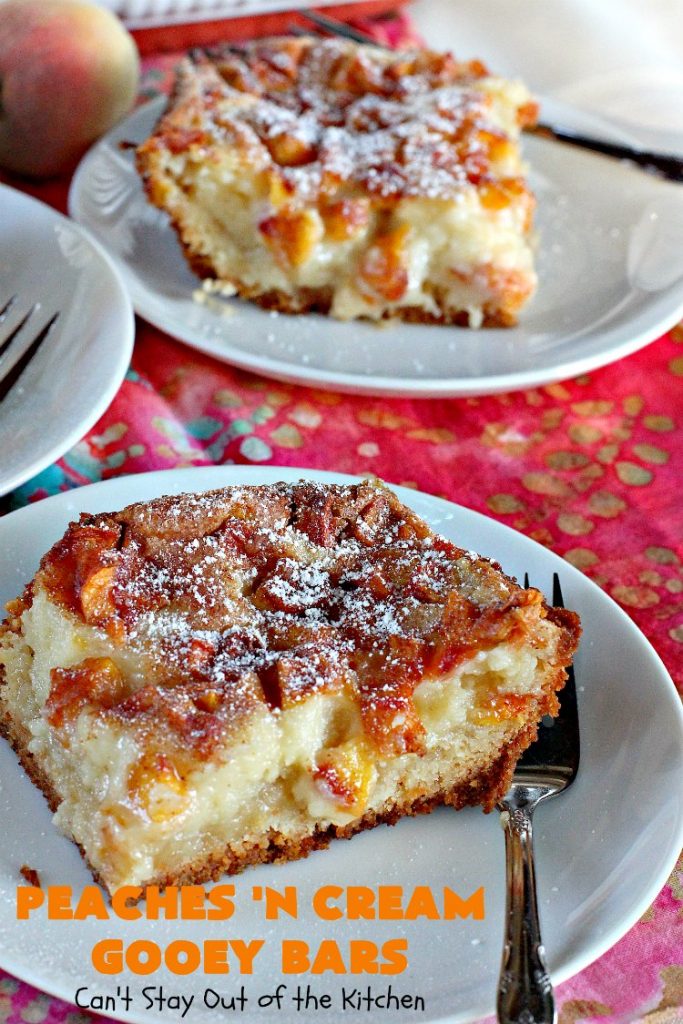 Peaches 'n Cream Gooey Bars | Can't Stay Out of the Kitchen | these ooey, gooey blondies are absolutely divine! They're filled with #cheesecake filling & topped with fresh #peaches & #cinnamon-sugar. Perfect for summer #holiday menus like #FathersDay #MemorialDay & #FourthofJuly. #dessert