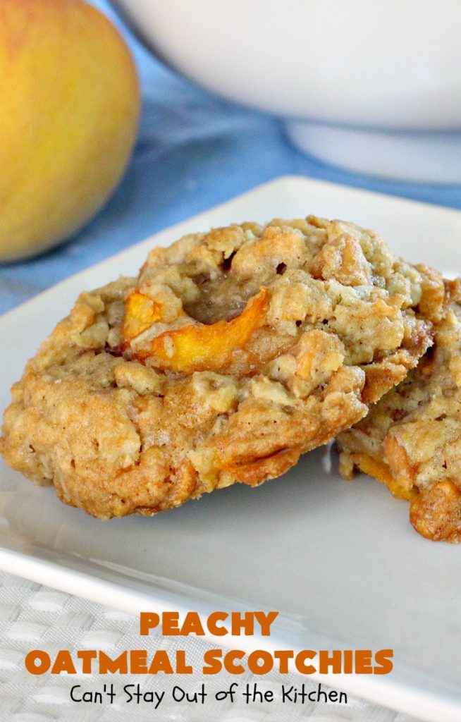 Peachy Oatmeal Scotchies | Can't Stay Out of the Kitchen | these outrageous #OatmealCookies contain #FreshPeaches & #ButterscotchChips for maximum flavor. Seriously, every bite will have you drooling. Great for #tailgating parties, potlucks & backyard BBQs. #peaches #oatmeal #butterscotch #cookies #dessert #PeachyOatmealScotchies #PeachDessert #OatmealDessert #ButterscotchDessert