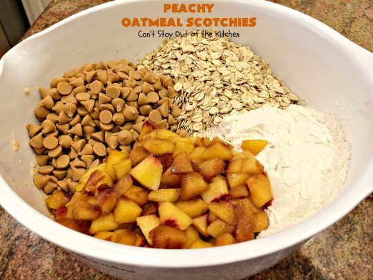 Peachy Oatmeal Scotchies | Can't Stay Out of the Kitchen | these outrageous #OatmealCookies contain #FreshPeaches & #ButterscotchChips for maximum flavor. Seriously, every bite will have you drooling. Great for #tailgating parties, potlucks & backyard BBQs. #peaches #oatmeal #butterscotch #cookies #dessert #PeachyOatmealScotchies #PeachDessert #OatmealDessert #ButterscotchDessert
