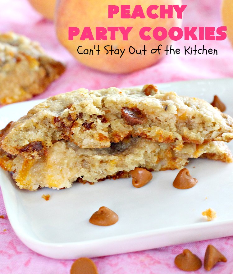 Peachy Party Cookies | Can't Stay Out of the Kitchen | these fantastic #peach #cookies will have you in the partying mood after one bite! They're scrumptious & include #cinnamon chips in the batter. Soooo good. #dessert #peachdessert