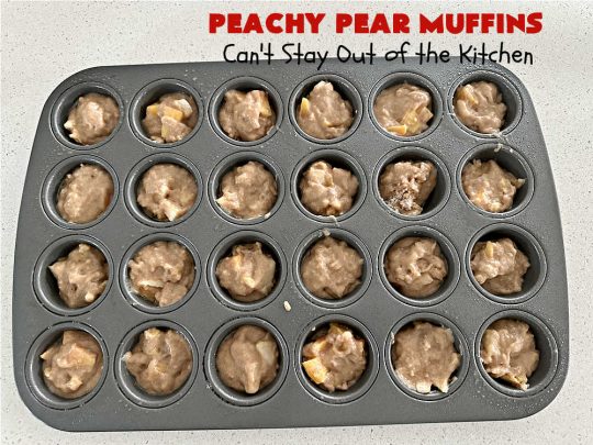 Peachy Pear Muffins | Can't Stay Out of the Kitchen | Let these #muffins delight you with the combination of fresh #peaches, #pears & #walnuts along with #cinnamon & #nutmeg. Every bite is scrumptious & they can be made with either fresh or canned #fruit. Terrific for a weekend, company or #holiday #breakfast or #brunch. #PeachyPearMuffins