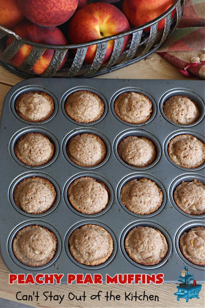 Peachy Pear Muffins | Can't Stay Out of the Kitchen | Let these #muffins delight you with the combination of fresh #peaches, #pears & #walnuts along with #cinnamon & #nutmeg. Every bite is scrumptious & they can be made with either fresh or canned #fruit. Terrific for a weekend, company or #holiday #breakfast or #brunch. #PeachyPearMuffins