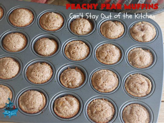 Peachy Pear Muffins | Can't Stay Out of the Kitchen | Let these #muffins delight you with the combination of fresh #peaches, #pears & #walnuts along with #cinnamon & #nutmeg. Every bite is scrumptious & they can be made with either fresh or canned #fruit. Terrific for a weekend, company or #holiday #breakfast or #brunch. #PeachyPearMuffins