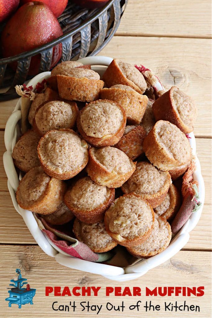 Peachy Pear Muffins | Can't Stay Out of the Kitchen | Let these #muffins delight you with the combination of fresh #peaches, #pears & #walnuts along with #cinnamon & #nutmeg. Every bite is scrumptious & they can be made with either fresh or canned #fruit. Terrific for a weekend, company or #holiday #breakfast or #brunch. #PeachyPearMuffins