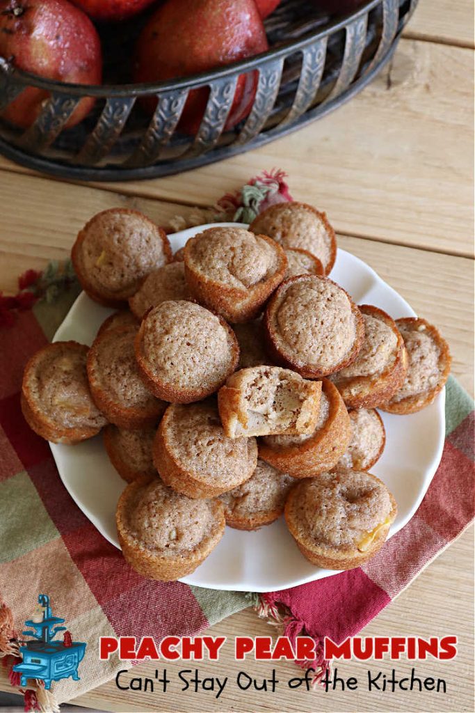 Peachy Pear Muffins | Can't Stay Out of the Kitchen | Let these #muffins delight you with the combination of fresh #peaches, #pears & #walnuts along with #cinnamon & #nutmeg. Every bite is scrumptious & they can be made with either fresh or canned #fruit. Terrific for a weekend, company or #holiday #breakfast or #brunch. #PeachyPearMuffins