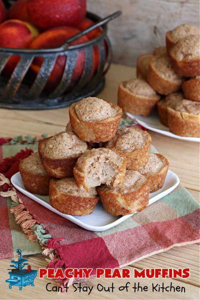 Peachy Pear Muffins | Can't Stay Out of the Kitchen | Let these #muffins delight you with the combination of fresh #peaches, #pears & #walnuts along with #cinnamon & #nutmeg. Every bite is scrumptious & they can be made with either fresh or canned #fruit. Terrific for a weekend, company or #holiday #breakfast or #brunch. #PeachyPearMuffins