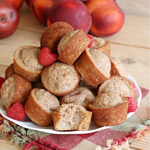 Peachy Pear Muffins | Can't Stay Out of the Kitchen | Let these #muffins delight you with the combination of fresh #peaches, #pears & #walnuts along with #cinnamon & #nutmeg. Every bite is scrumptious & they can be made with either fresh or canned #fruit. Terrific for a weekend, company or #holiday #breakfast or #brunch. #PeachyPearMuffins