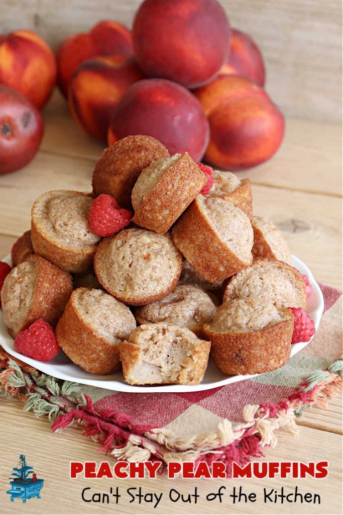 Peachy Pear Muffins | Can't Stay Out of the Kitchen | Let these #muffins delight you with the combination of fresh #peaches, #pears & #walnuts along with #cinnamon & #nutmeg. Every bite is scrumptious & they can be made with either fresh or canned #fruit. Terrific for a weekend, company or #holiday #breakfast or #brunch. #PeachyPearMuffins