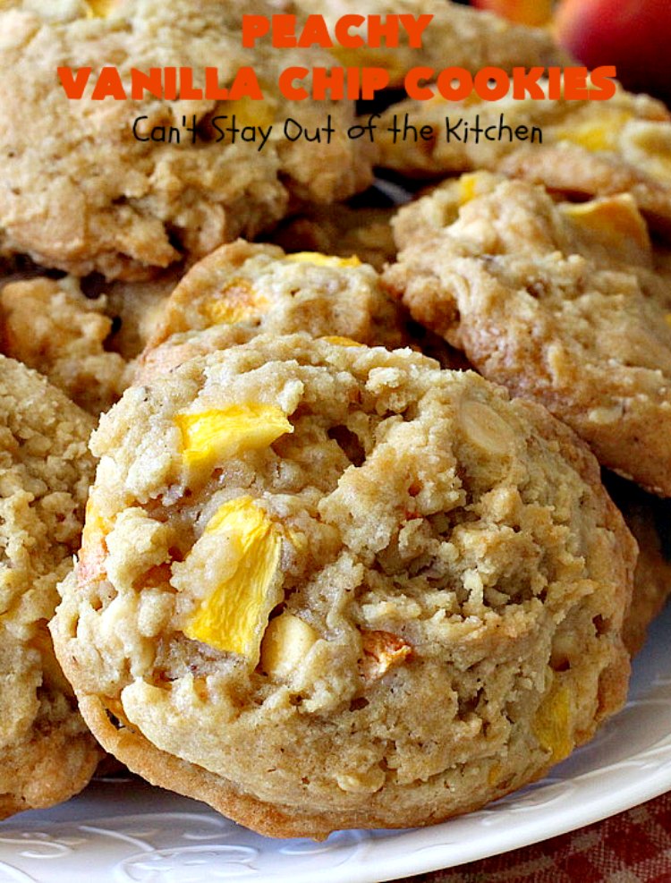 Peachy Vanilla Chip Cookies | Can't Stay Out of the Kitchen | these sensational #cookies include fresh #peaches, #walnuts & vanilla chips. They make a wonderful #dessert for summer potlucks when peaches are in season. #peachdessert