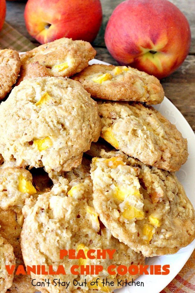 Peachy Vanilla Chip Cookies | Can't Stay Out of the Kitchen | these sensational #cookies include fresh #peaches, #walnuts & vanilla chips. They make a wonderful #dessert for summer potlucks when peaches are in season. #peachdessert