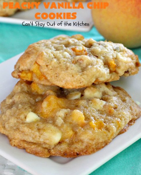 Peachy Vanilla Chip Cookies | Can't Stay Out of the Kitchen | these luscious #peach #cookies include #walnuts & #vanilla chips in the batter. The make a wonderful #dessert for any summer occasion when #peaches are in season.
