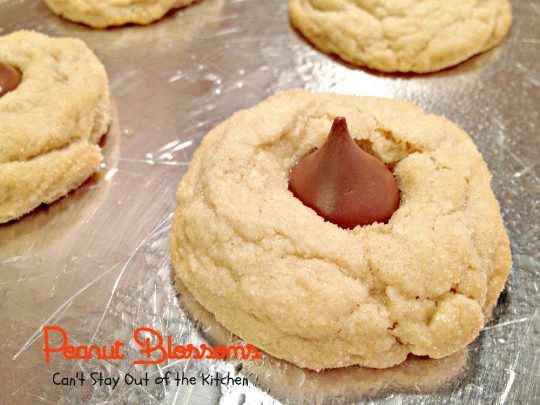 Peanut Blossoms | Can't Stay Out of the Kitchen | lovely #peanutbutter #cookie with #Hershey'skisses in the centers. Great for #holiday #baking. #chocolate #dessert