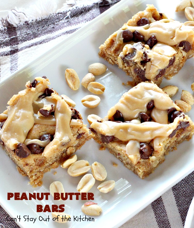 Peanut Butter Bars | Can't Stay Out of the Kitchen | Get your #chocolate fix & #PeanutButter fix with one delicious #recipe! This #dessert is sure to get your motor going as every bite is rich, decadent and heavenly. #cookie #ChocolateChips #PeanutButterDessert #brownie #tailgating #ChocolateDessert #FathersDayDessert #FourthOfJulyDessert