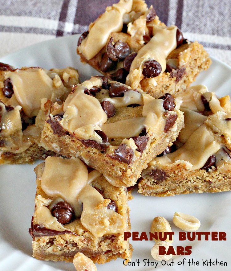 Peanut Butter Bars | Can't Stay Out of the Kitchen | Get your #chocolate fix & #PeanutButter fix with one delicious #recipe! This #dessert is sure to get your motor going as every bite is rich, decadent and heavenly. #cookie #ChocolateChips #PeanutButterDessert #brownie #tailgating #ChocolateDessert #FathersDayDessert #FourthOfJulyDessert