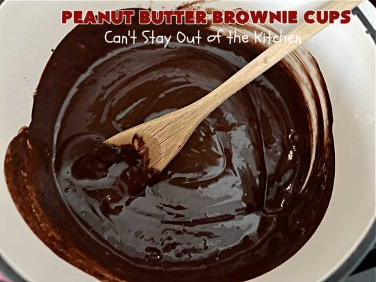 Peanut Butter Brownie Cups | Can't Stay Out of the Kitchen | Prepare yourself for a fantastic #brownie #recipe that will have you swooning from the first bite! It includes both #ChocolateChips & #PeanutButterChips & the #CookieCups are baked in #muffin tins. Marvelous #dessert for #tailgating parties potlucks & #BackyardBarbecues. #PeanutButterBrownieCups #ChocolateDessert #PeanutButterDessert