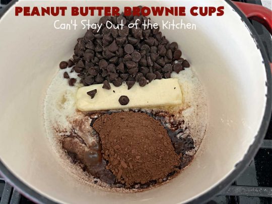 Peanut Butter Brownie Cups | Can't Stay Out of the Kitchen | Prepare yourself for a fantastic #brownie #recipe that will have you swooning from the first bite! It includes both #ChocolateChips & #PeanutButterChips & the #CookieCups are baked in #muffin tins. Marvelous #dessert for #tailgating parties potlucks & #BackyardBarbecues. #PeanutButterBrownieCups #ChocolateDessert #PeanutButterDessert