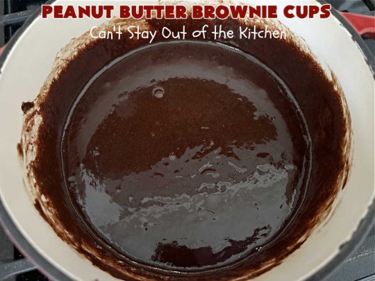 Peanut Butter Brownie Cups | Can't Stay Out of the Kitchen | Prepare yourself for a fantastic #brownie #recipe that will have you swooning from the first bite! It includes both #ChocolateChips & #PeanutButterChips & the #CookieCups are baked in #muffin tins. Marvelous #dessert for #tailgating parties potlucks & #BackyardBarbecues. #PeanutButterBrownieCups #ChocolateDessert #PeanutButterDessert