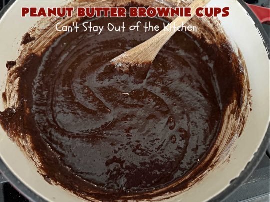 Peanut Butter Brownie Cups | Can't Stay Out of the Kitchen | Prepare yourself for a fantastic #brownie #recipe that will have you swooning from the first bite! It includes both #ChocolateChips & #PeanutButterChips & the #CookieCups are baked in #muffin tins. Marvelous #dessert for #tailgating parties potlucks & #BackyardBarbecues. #PeanutButterBrownieCups #ChocolateDessert #PeanutButterDessert