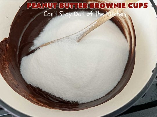 Peanut Butter Brownie Cups | Can't Stay Out of the Kitchen | Prepare yourself for a fantastic #brownie #recipe that will have you swooning from the first bite! It includes both #ChocolateChips & #PeanutButterChips & the #CookieCups are baked in #muffin tins. Marvelous #dessert for #tailgating parties potlucks & #BackyardBarbecues. #PeanutButterBrownieCups #ChocolateDessert #PeanutButterDessert